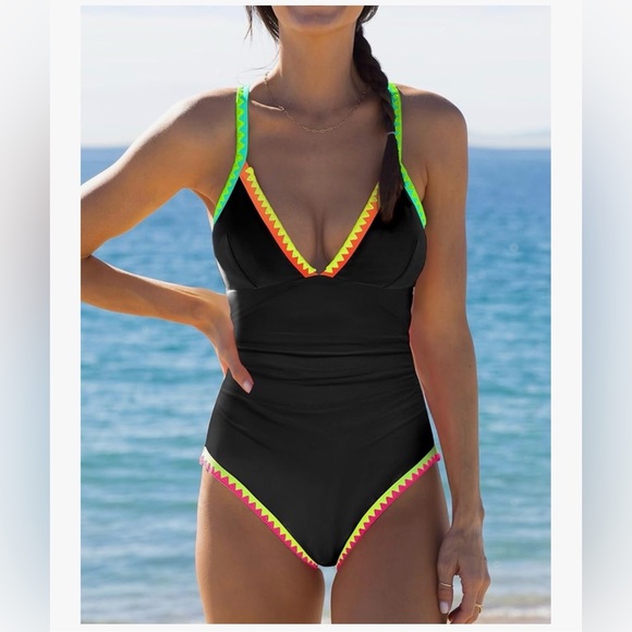 Popvil One Piece Swimsuit Tummy Control Shapewear Slimming Black Neon Tie M NWT - Picture 3 of 7